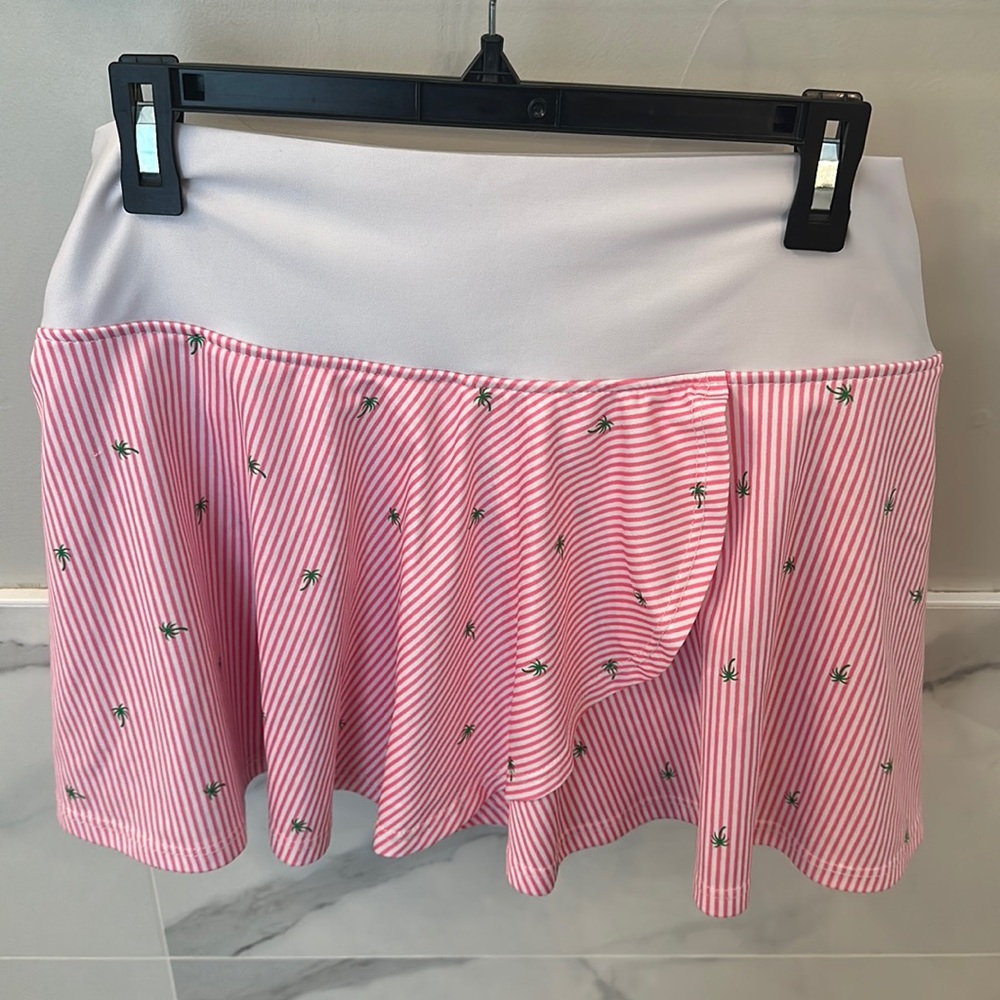 Faye + Florie pink and white striped tennis skirt with green palm trees
